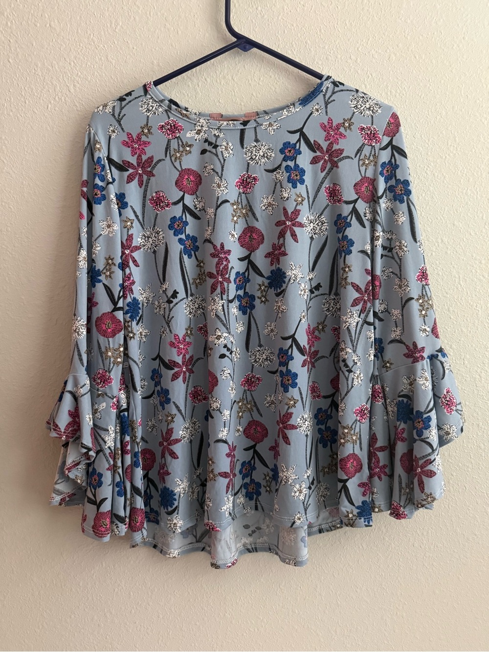 Women's Light Blue Floral Bell-Sleeve Blouse